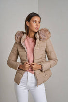 Plain down jacket with faux fur hood: