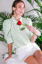 Collared Neck Puff Sleeve Horse Printed Blouse Top Off White Short Sleeve