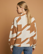 Houndstooth Mock Neck Loose Fit Knit Sweater - Taupe