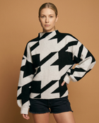 Houndstooth Mock Neck Loose Fit Knit Sweater - Taupe