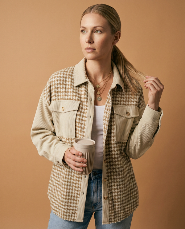 Houndstooth Corduroy Patchwork Flap Pocket Shacket - Parchment