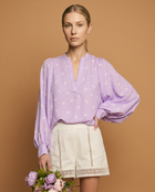 Horse Print V Neck Long Balloon Sleeve Blouse Off White