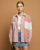 Colorblock Houndstooth Textured Patchwork Shacket - Pink