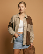 Colorblock Houndstooth Textured Patchwork Shacket - Pink