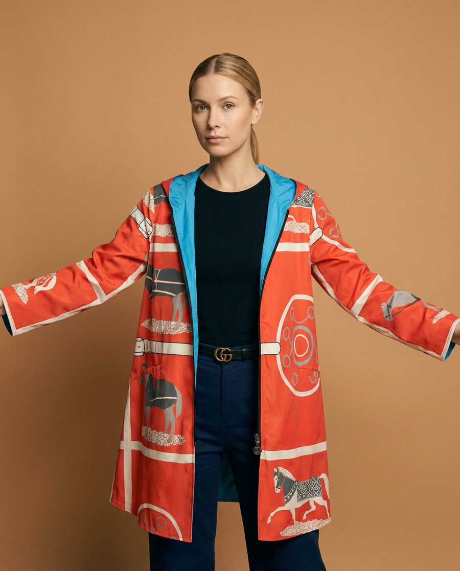Orange Gallop Reversible Zipper Hooded Rain Coat